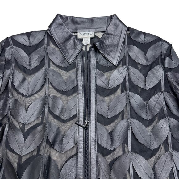 Natto Women's Full Zip Black Leather Jacket Mesh Leaf Applique Design, Size L - Picture 3 of 8